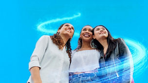 Smiling group of three friends on a bright turquoise background surrounded by a beam of energy