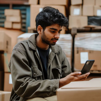 A man using his smartphone while seated among stacked boxes in a warehouse, focused on his task