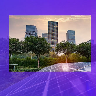 Solar panels with city at sunrise in background banner