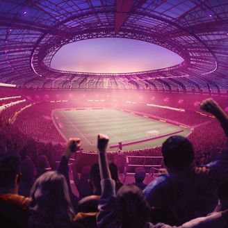 Fotografía de una afición celebrando en la tribuna de un estadio de futbol