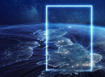 Square glowing portal over earth