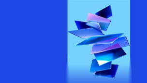 Stacked translucent glass panels are arranged on a blue background.