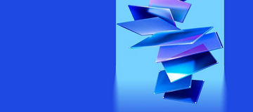 Stacked translucent glass panels are arranged on a blue background.
