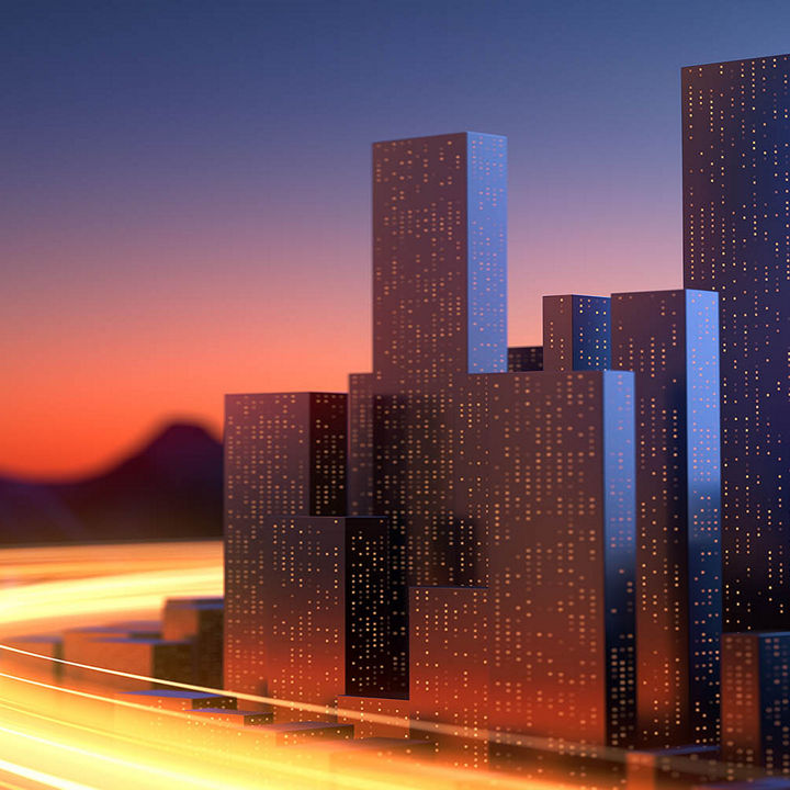City model at sunset