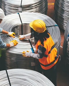 Arbeiter an Stahlrollen