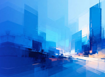 Stylised city landscape in geometric cobalt