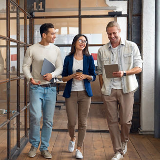 Young professionals walking and talking