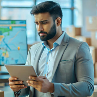 An Indian logistics professional using a digital map to track deliveries, set in a modern office environment.