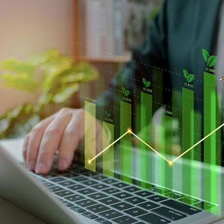 Businessman use laptop analyzing sustainability company growth with digital virtual graphics, financial data for long term investment.