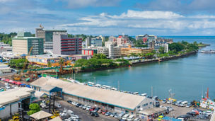 View of the city centre of Suva, the capital city of Fiji and Suva Harbour