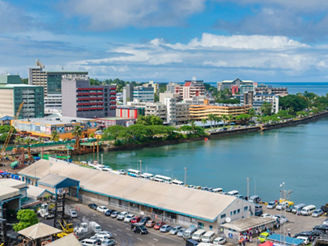 View of the city centre of Suva, the capital city of Fiji and Suva Harbour