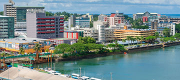 View of the city centre of Suva, the capital city of Fiji and Suva Harbour