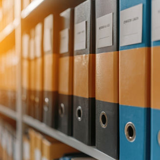 A close-up view of neatly arranged file folders in various colors on a shelf, indicating organized documentation and storage.