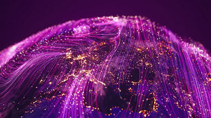 Abstract glowing dots and lines in purple tones, with glowing orange lights