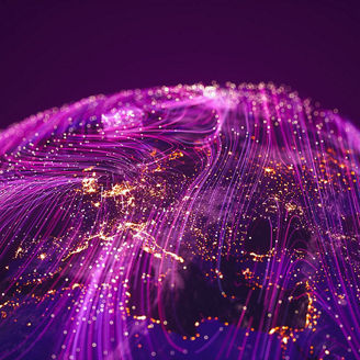 Abstract glowing dots and lines in purple tones, with glowing orange lights