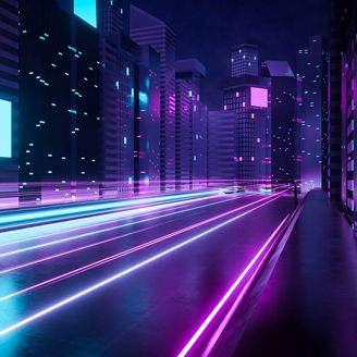 Graphic of buildings and road with blue and purple neon glow