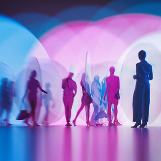 Abstract graphic of human silhouette and circular lights in blue and purple