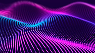 Abstract glowing dots in wave patterns, in blue and purple tones