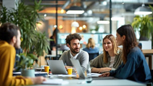 Engaging brainstorming session in progress within a vibrant, plant-adorned office space