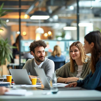 Engaging brainstorming session in progress within a vibrant, plant-adorned office space