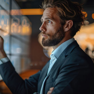 A businessman standing in front of a large presentation screen, analyzing sales data and discussing strategies for optimizing performance and driving revenue growth. Generative AI.