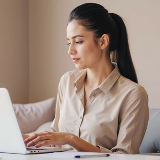 Indian Businesswoman concentrating on laptop tasks in a serene workspace