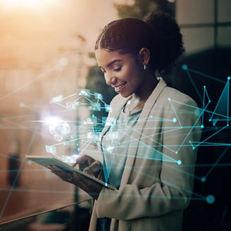 Futuristic, social network app or woman with tablet hologram of world user data or global analytics. Mobile tech ux, ui or business black woman with web internet, social media and future digital info.