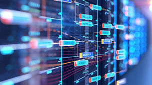 server room 3d illustration with node base programming data  design element.concept of big data storage and  cloud "ncomputing technology."n"n