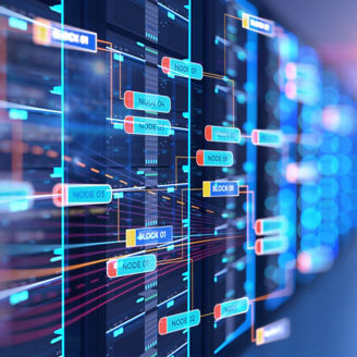server room 3d illustration with node base programming data  design element.concept of big data storage and  cloud "ncomputing technology."n"n