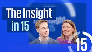 Two people speaking into microphones beside the ‘The Insight in 15’ branding on a blue background, with a circular ‘15’ graphic