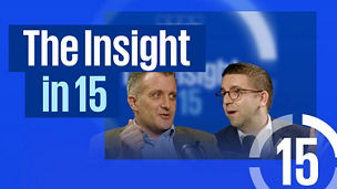Promotional graphic for The Insight in 15 podcast, showing two speakers in conversation with the programme title displayed