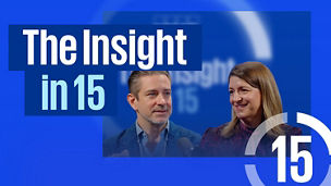 Two speakers with microphones in conversation against a blue background with the text ‘The Insight in 15’