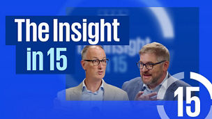 ‘The Insight in 15’ text on a blue background alongside two people speaking into microphones, with a circular ‘15’ graphic