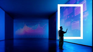 A person interacting with digital charts and data on large screens within a white rectangular frame