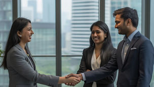 Indian Business Colleagues Sealing a Deal with Handshake in Contemporary Office Setting