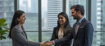 Indian Business Colleagues Sealing a Deal with Handshake in Contemporary Office Setting