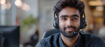 high quality illustration, banner with a close-up of an indian customer service rep wearing a headset, with an office workspace in the background, representing support service concept