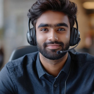 high quality illustration, banner with a close-up of an indian customer service rep wearing a headset, with an office workspace in the background, representing support service concept