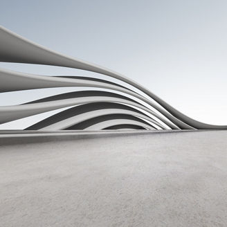 3d render of futuristic concrete architecture with car park, empty cement floor.