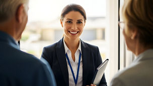 A person in a suit smiling looking at two other people