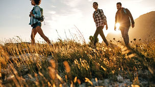 Three people walking on grass