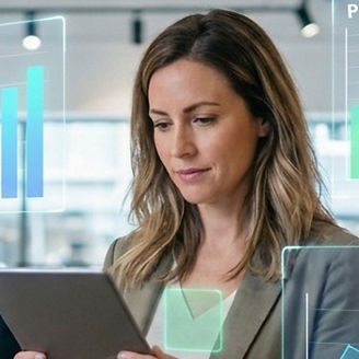 Person using a tablet in a clothing retail store while reviewing sales analytics, product performance charts, inventory data, and e-commerce metrics displayed through digital business intelligence dashboards.