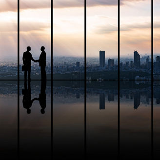 People having meeting in high-rise