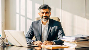 Cropped portrait of middle aged India  boss or business man working on his desk while sitting in  luxury private  office, lot of file, check report project paper