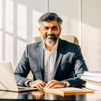 Cropped portrait of middle aged India  boss or business man working on his desk while sitting in  luxury private  office, lot of file, check report project paper