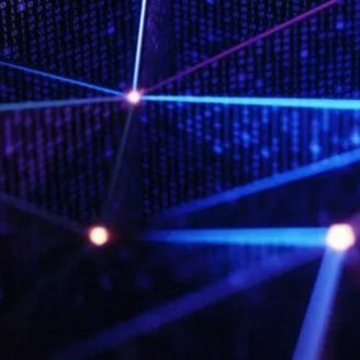 Widescreen macro shot of SMD silicon chip with purple and cyan sidelight, colorful glowing printboard with electrical components. Futuristic hardware. Free space on chip. Neon colors.