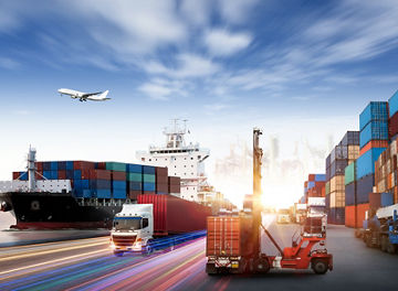 Industrial Container Cargo freight ship, forklift handling container box loading for logistic import export and transport industry concept