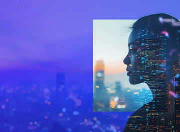 Translucent woman viewing skyline banner