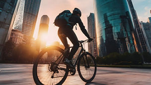 A person riding a bicycle in an urban environment, surrounded by modern buildings, with a backpack and a helmet
