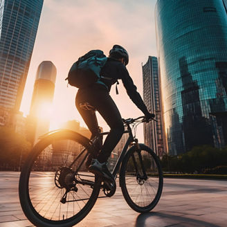 A person riding a bicycle in an urban environment, surrounded by modern buildings, with a backpack and a helmet